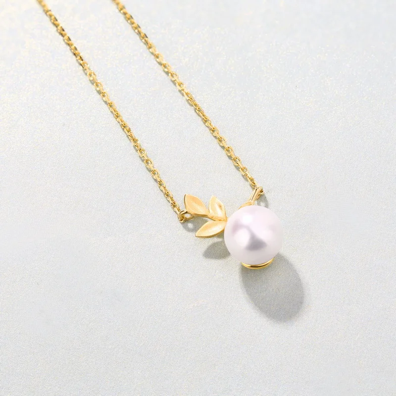 Delicate Pearl Leaf 14K Real Solid Gold Pendant Charm Necklace for Women Female Upscale Elegant Genuine Gemstone Office Jewelry
