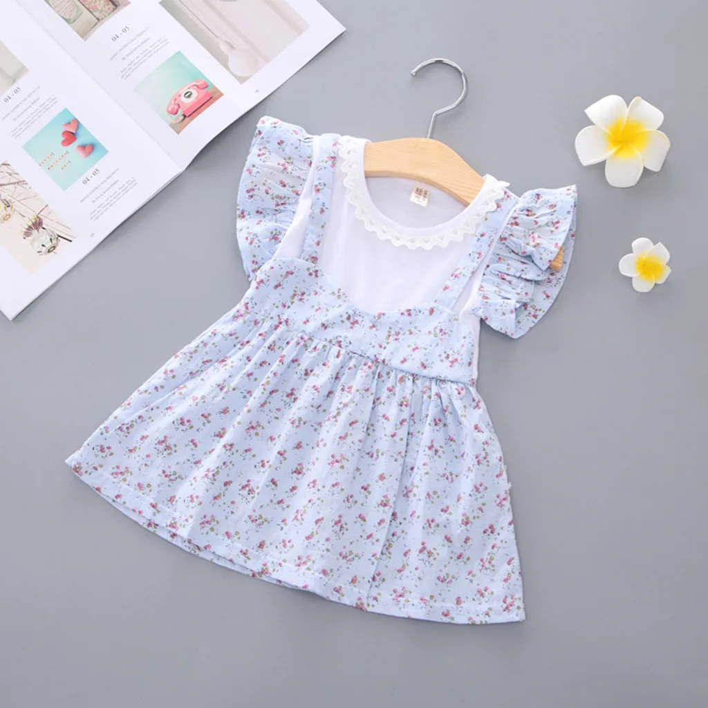 Light Blue Модное нарядное платье-пачка принцессы с короткими рукавами и принтом для маленьких девочек, Хлопковое платье-пачка с круглым вырезом Sukienka Niemowleca - Цвет: Light Blue