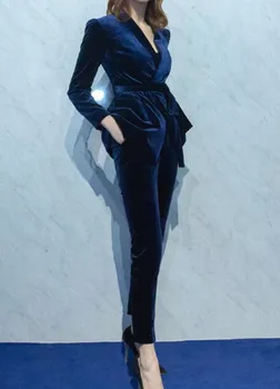 

Winter suit 2019 new style sexy women Velvet Sashes Turn-down collar Pencil Pants celebrity body con OL Style suit wholesale