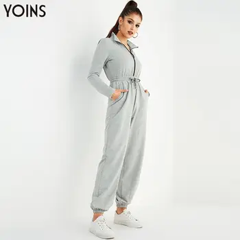 

YOINS 2020 Women Autumn Winter Bodysuit Jumpsuits Zipper Front Drawstring Waist Side Pockets Jumpsuit Regular Sporty Outwear