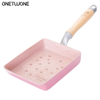 

Pink frying pan Omelette Pan/Egg Pan Non-stick Coating Rectangle Frying Pan Cherry blossoms Wooden handle With Kitchen Pot