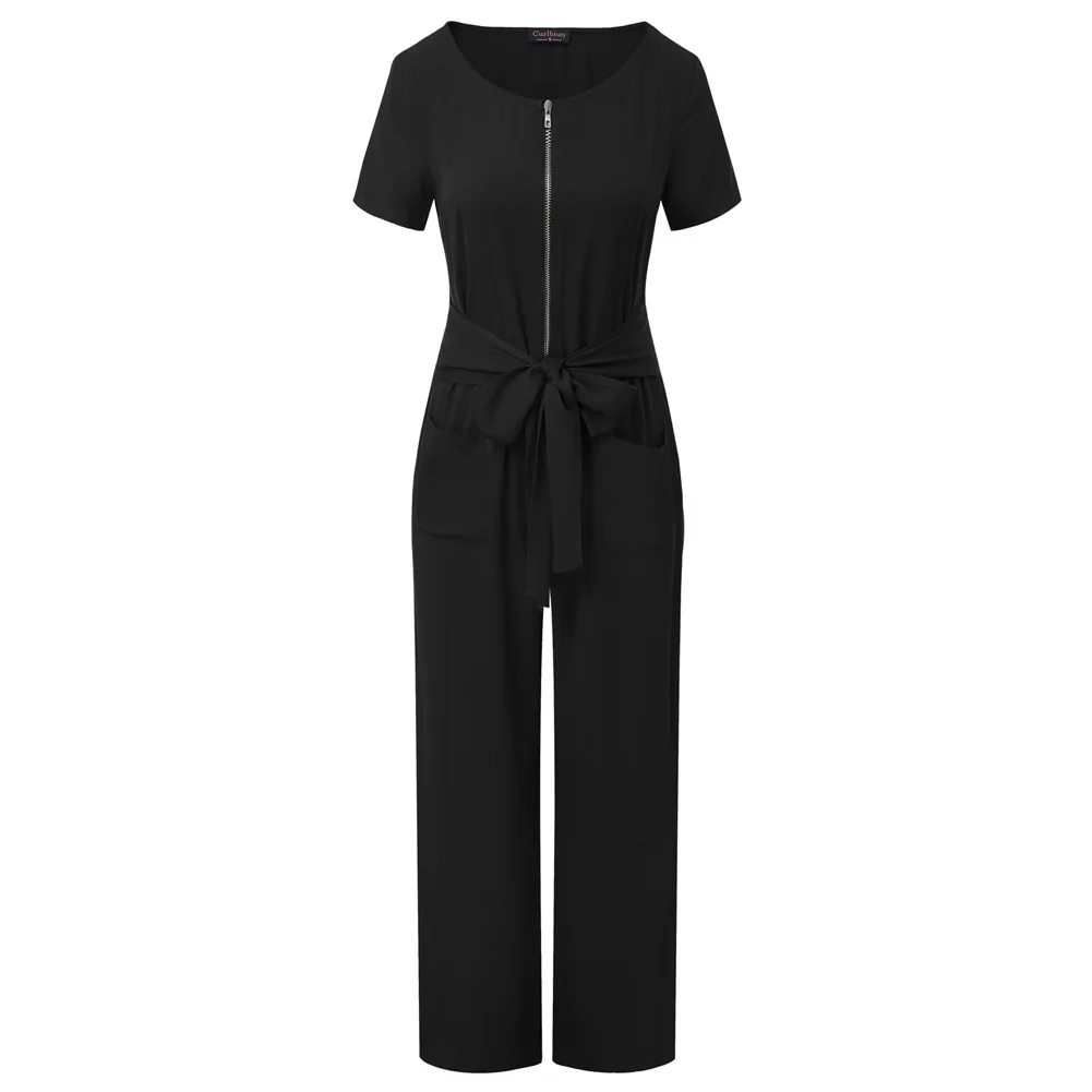 Black Curlbiuty Fashion Women Zip-Up Jumpsuit Short Sleeve Crew Neck Bet Decorated Comfy Rayon Lady Elegant Solid Color Playsuits - Цвет: Black