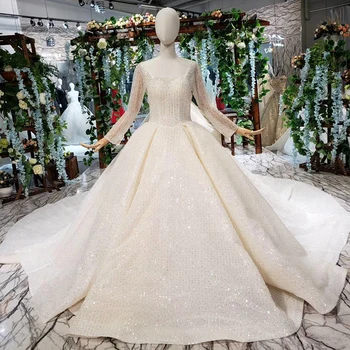 

BGW HT4217 New Wedding Dress Like White Square Neck Button Back Long Tulle Sleeves Bridal Gown With Wedding Veil Illusion Back