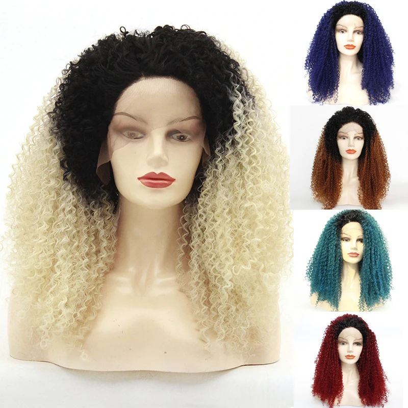 

Free Shipping Natural Hair Glueless Dark Roots Ombre Blonde Afro Kinky Curly Synthetic Lace Front Wigs for Women Heat Resistant