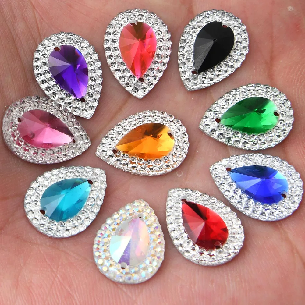 

BOLIAO 20Pcs 13mm*18mm Water Drop Shape AB Color Resin Flat Back Sew on Bags/Wedding Dress Decoration Craft DIY R253