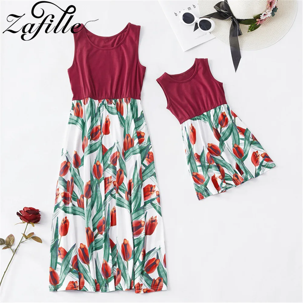 

ZAFILLE Mother and Daughter Clothes Patchwork Floral Print Sleeveless Ankel Length Dress Mommy and Me Family Matching Clothes