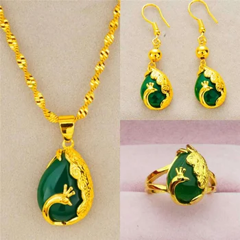 Women Vietnam Gold Filled Jewellry Sets Peacock Opal Charm Wedding Party 24K Gold Color Brass Rings Earrings Necklaces Gifts 1