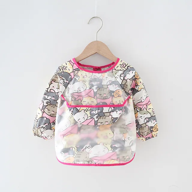 Baby Bib Waterproof Apron Long Sleeve Art Smock for Kids Baby Stuff Chest Protection Feeding Bibs pink cat