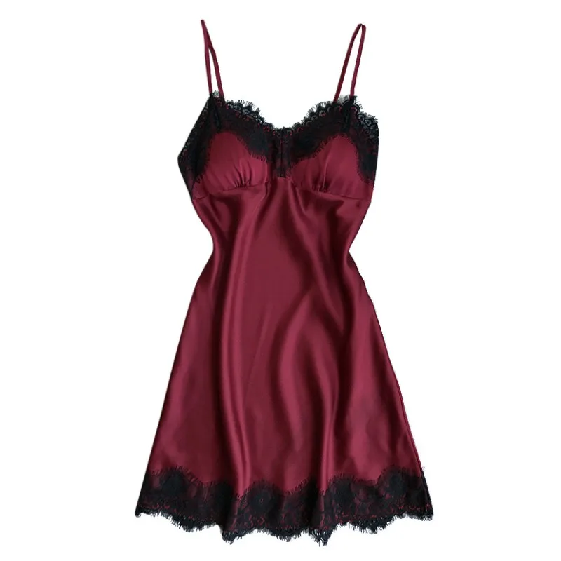 

V-neck Summer Lace Patchwork Nightgowns Sleepwear Dress For Women Women Sexy Silk Satin Night Gown Sleeveless Nightdress