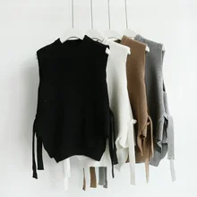 Женские свитера на шнуровке, жилет без рукавов, Свободный жилет для женщин, осень, студенческий короткий свитер, жилет, женские свитера, вязаный жилет