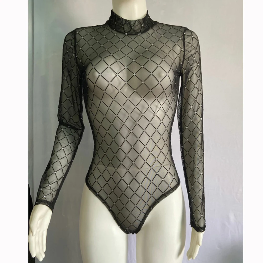 Hot Women Bodysuit Sexy Long Sleeve See Through PlaidOne Piece Rompers Club Top