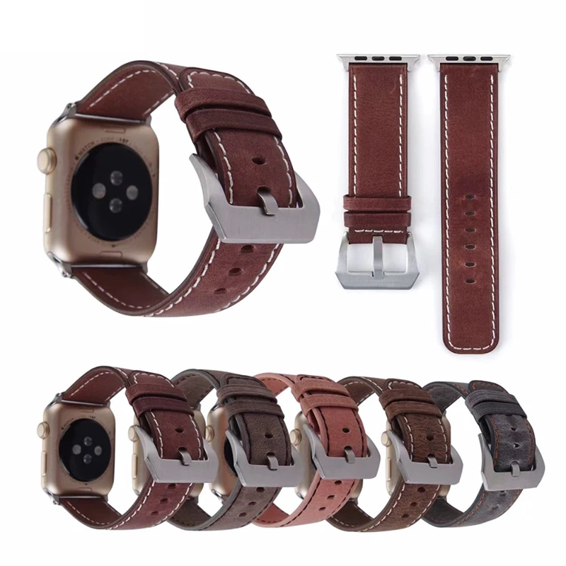Коричневый кожаный ремешок для Apple Watch 5 4 3 2 1 38 мм 40 мужской iwatch5 серии 44 42 винтажный