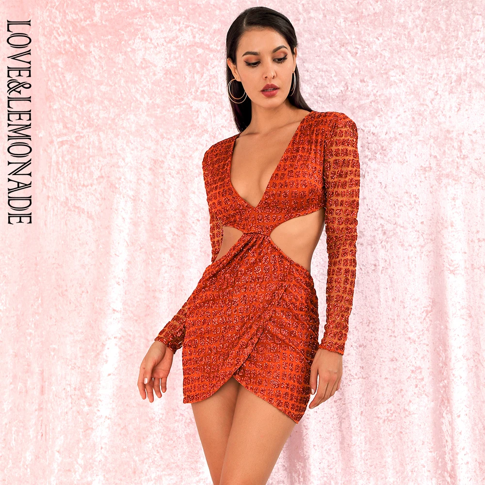 LOVE & LEMONADE сексуальное оранжевое платье с глубоким v образным вырезом и открытой