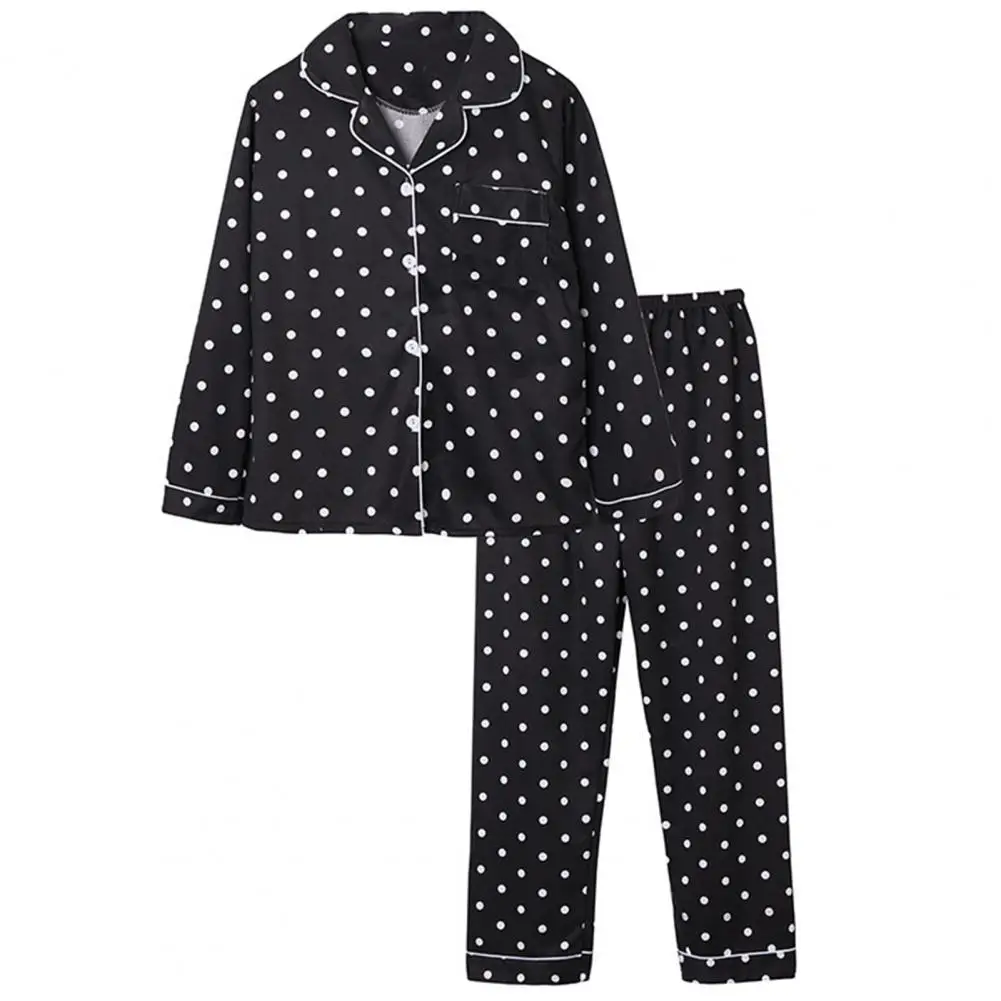 Women Pajamas Set Lapel Elastic Waist Two Piece Dot Print Single-Breasted Blouse Pants for Home Wear Casual