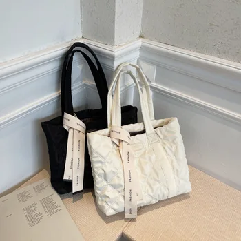 Winter Fashion Plaid Cotton Padded Women Shoulder Underarm Bag Large Capacity Luxury Designer Handbags Nylon Shopping Tote Bag