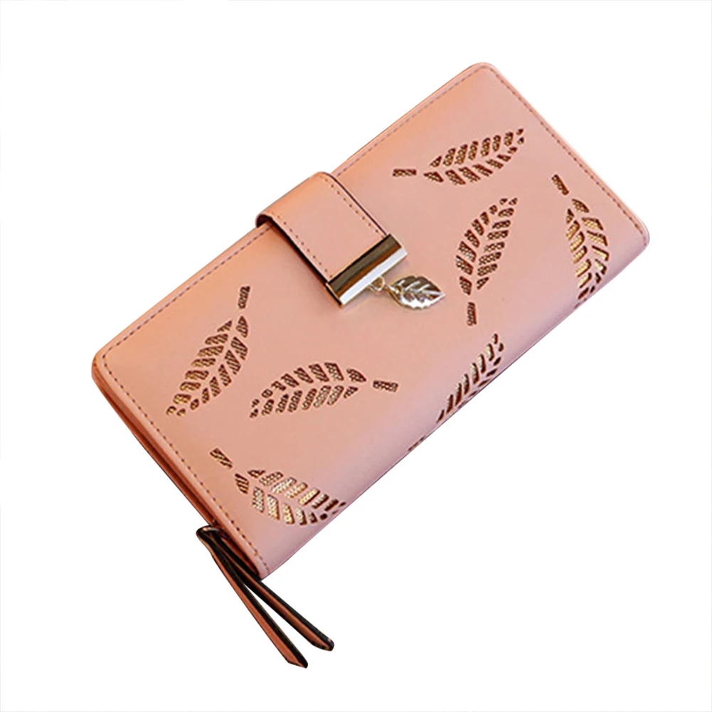Розовый Wallet Women Fashion Women PU Leather Wallet Purse Card Holders Hollow Leaves For Coins Money carteira Porte Feuille Femme - Цвет: Розовый