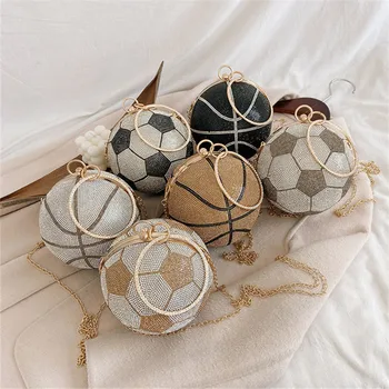 

New Crystal Round Metal Handle Crossbody Bags Women Basketball Design Luxury Diamond Evening Bags Party Purse Clutch Hand Bags