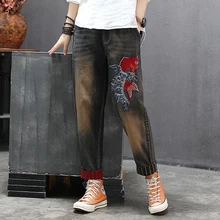 Женские джинсы деним брюки Золотая рыбка Вышивка отбеленные Ретро Винтажные модные повседневные большие свободные длинные на осень зиму AZ24321619