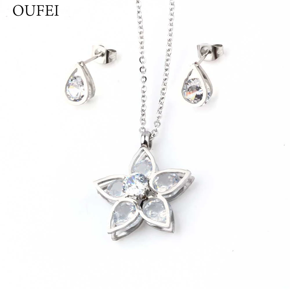 OUFEI Small FlowerStainless Steel Crystal Jewelry Woman Flower Shell Sets For Women Earrings And Necklace Set Jewellery | Украшения и