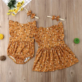 

2020 Summer Toddler Kids Baby Girls Floral Clothes Romper Dress Headband Outfits Set Fit For 0-6Y