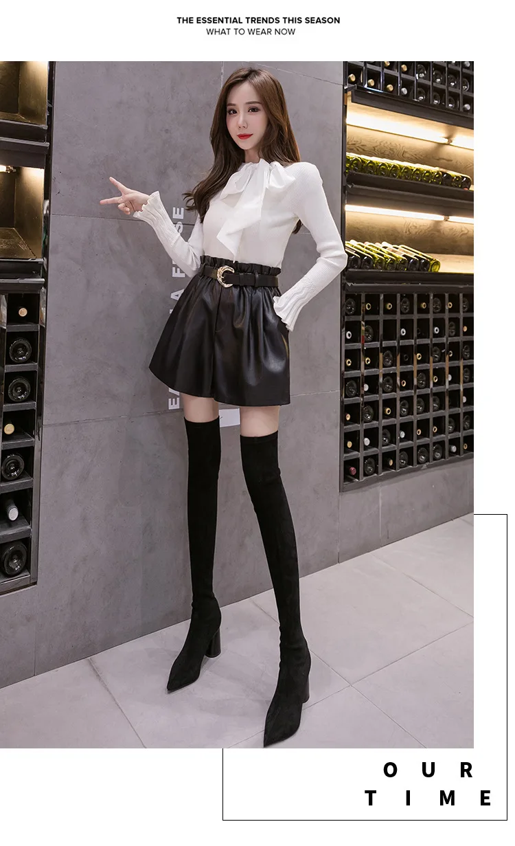 2022 New Autumn Winter Black PU Faux Leather Women's Shorts Sashes High Waist Wide Leg Shorts Elegant Female Trousers MT576 plus size womens clothing