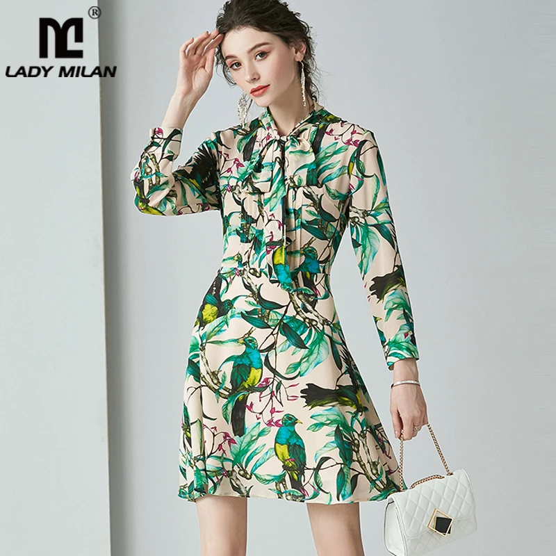 

100% Heavy Silk Women's Runway Dress Bow Collar Wrist Sleeves Floral Printed Elegant Fashion Dresses