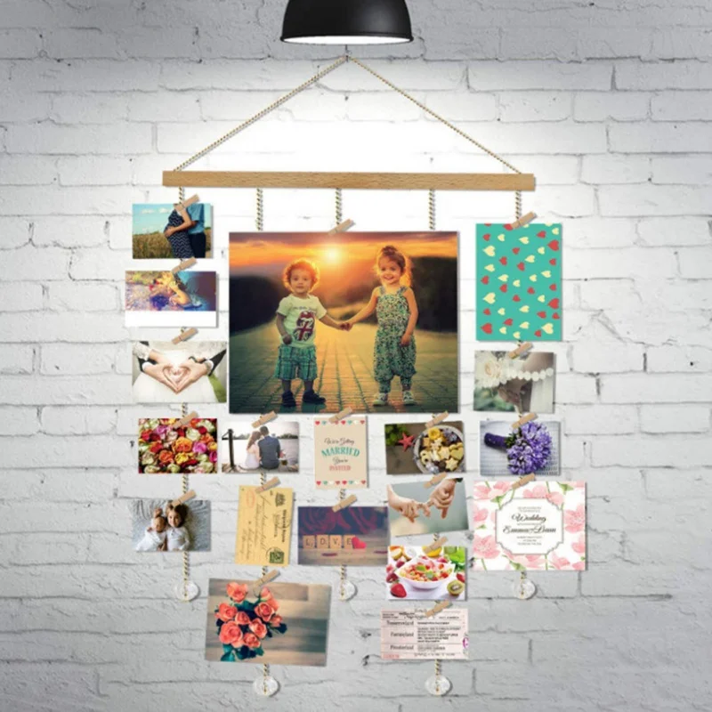 #*Cheap Wooden Wall Hanging Chain Photo Frame With Crystal Pendant With 20Pcs Clip Home Wall Decoration Craft Party hoto Booth Props