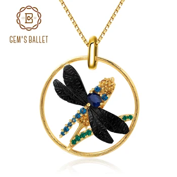 

GEM'S BALLLET Natural Blue Sapphire Gemstone 925 Sterling Silver Pendant Necklace Dragonfly Simple Pendant Jewelry For Women
