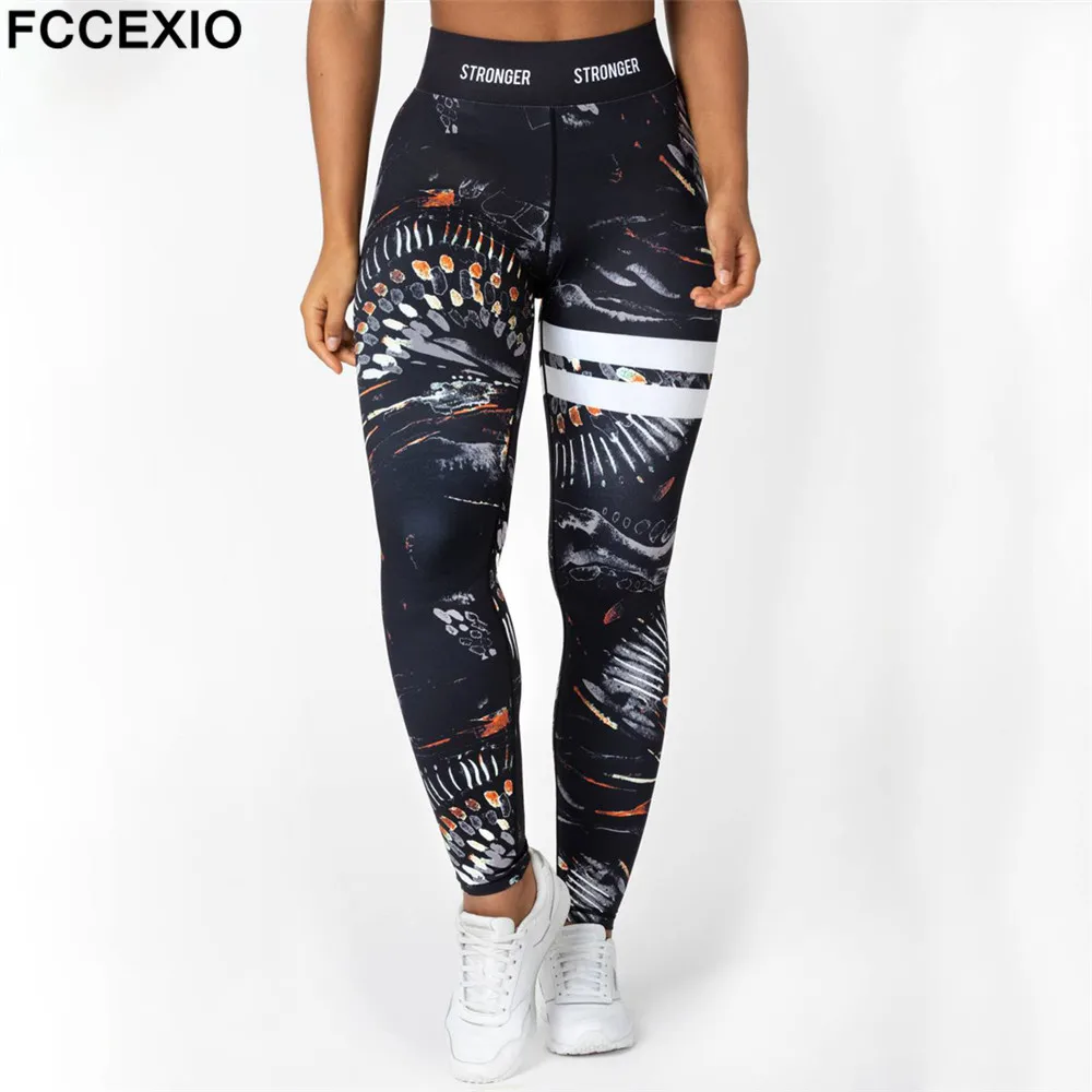 flare leggings FCCEXIO New Tribal Totem Printed Women Fitness Leggings High Waist Long Pants Women Hip Push UP Tights Women Gym Trousers brown leggings