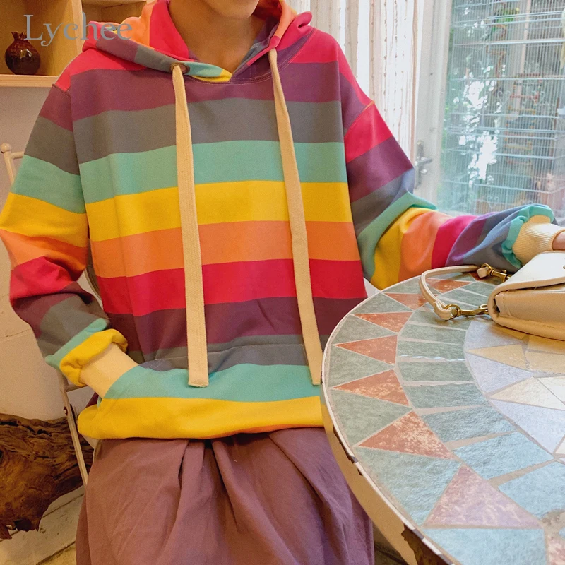 

Lychee Harajuku Pocket Rainbow Stripe Women Hoodies Color Block Autumn Women Hooded Sweatshirt Tracksuit Loose Lady Pullovers