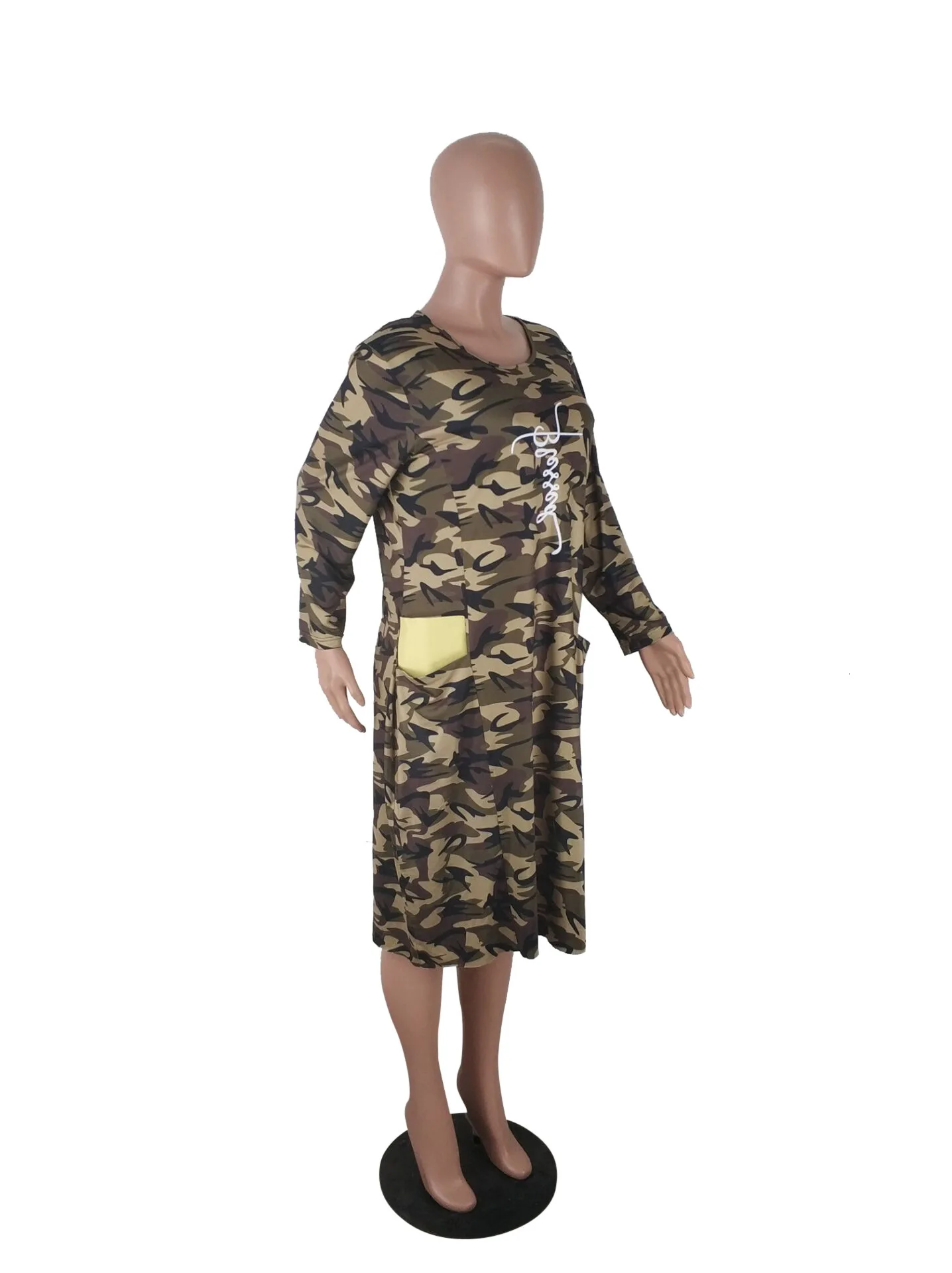Женское платье миди размера плюс Xl~ 5xl с камуфляжным принтом, повседневные платья с длинным рукавом и круглым вырезом, Клубные вечерние платья длиной до колена, свободные платья