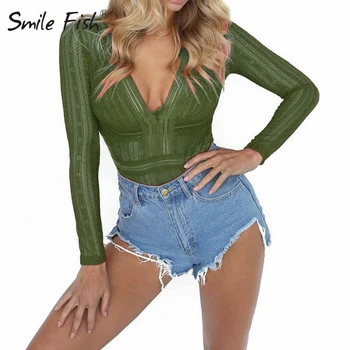 

Women Deep V-neck Blackless Bodysuits Sexy Party Club Hollow Out Spring Autumn Lace Bodysuits Plus Size Bodycon Bodysuit GV122