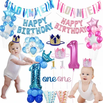 

First Happy Birthday Pink Blue Balloon Banner Decoration 1st Baby Boy Girl One Year Party Cake Topper Decor Baby Shower Supplies