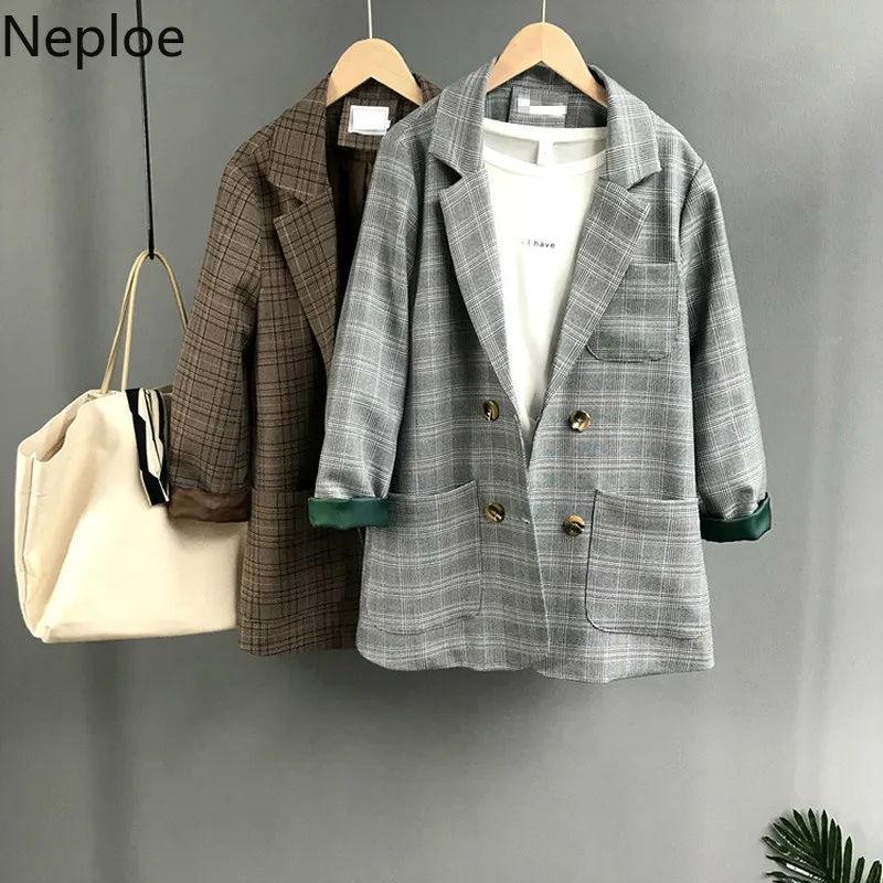 Neploe Осень Bleizer Mujer ретро плед печати Blaser двубортный Роскошный Блейзер Куртка 45892