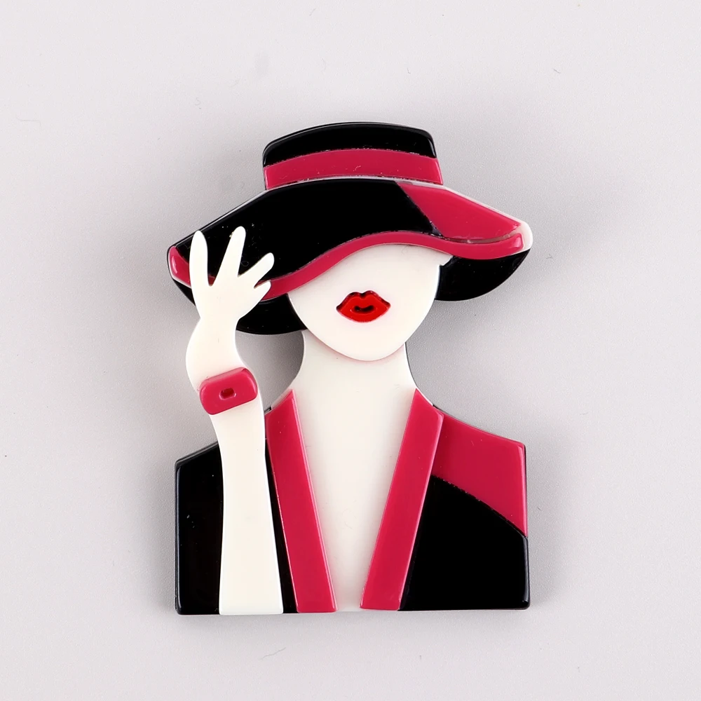 Fashion Creative Elegant Black Pink Suit Lady Brooch Pins For Women Girls Acrylic Brooches Badges Lapel Pins Cool Party Jewelry