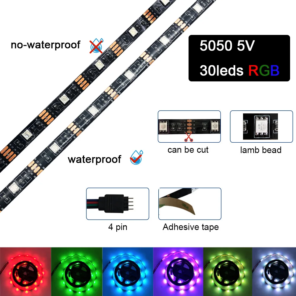 Светодиодная лента постоянного тока 5 в 5050 RGB 60 светодиодный s 30 светодиодный s световая полоса водонепроницаемый RGB светодиодный гибкий фонарь 1 м 2 м 3 м 4 м 5 м для ТВ фонового освещения