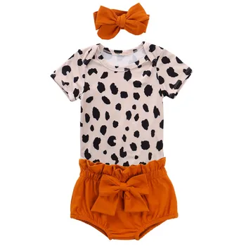 

Cute Baby Clothing 2020 Newborn Baby Girls Leopard Print Romper+Elastic High Waist Shorts+Bowknot Hairband Summer Cool Clothing