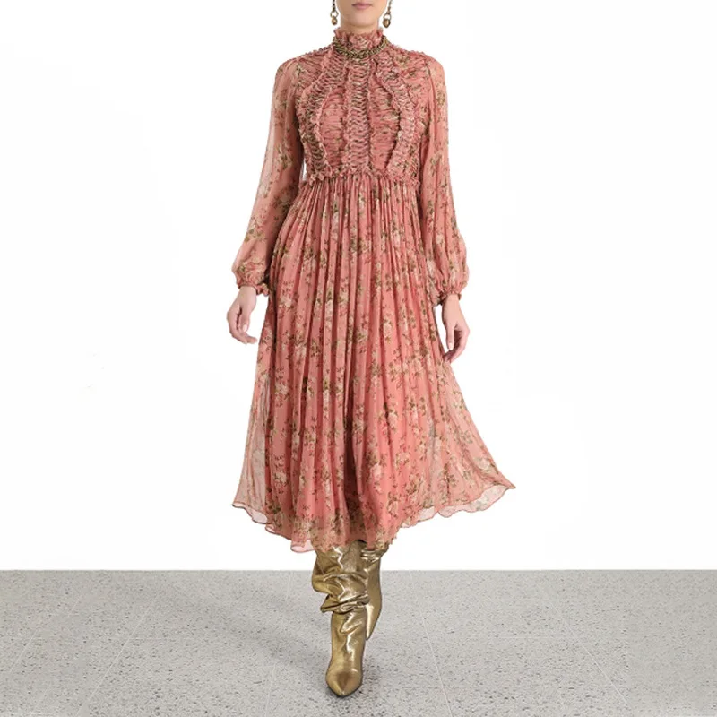 

2019 New Autumn Dress Tide Red Broken Flower Collar Cross Strap Chiffon High Waist Dress Puff Sleeve Zippers Sexy Dress Women