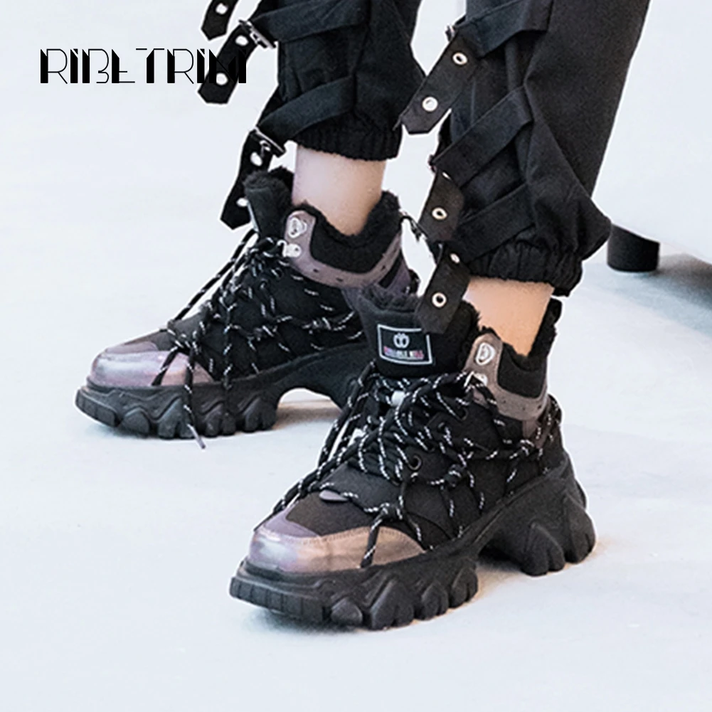 

RIBETRINI Brand Female Geuine Leather Lace Up Shoes Woman Casual Office Metallic Sneakers Women Chunky Heels Cool Daddy Sneakers