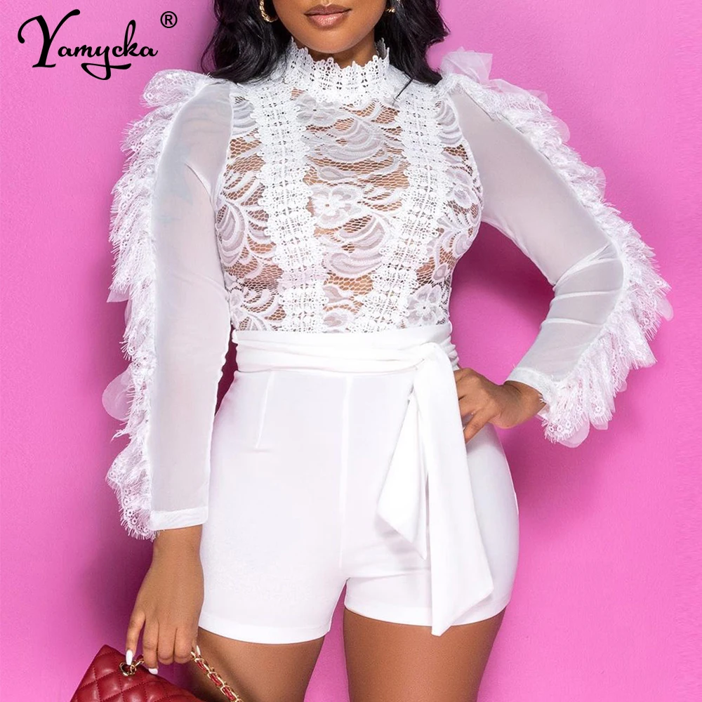 Sexy see through lace bodysuit bodycon jumpsuit women summer bodys shorts jumpsuits holiday party club outfits romper playsuits