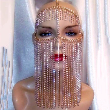 

Nightclub Costumes Female Singer Outfit Flash Diamond Metal Chain Mysterious Masked Head Curtain Head Chain Face Chain DT1999