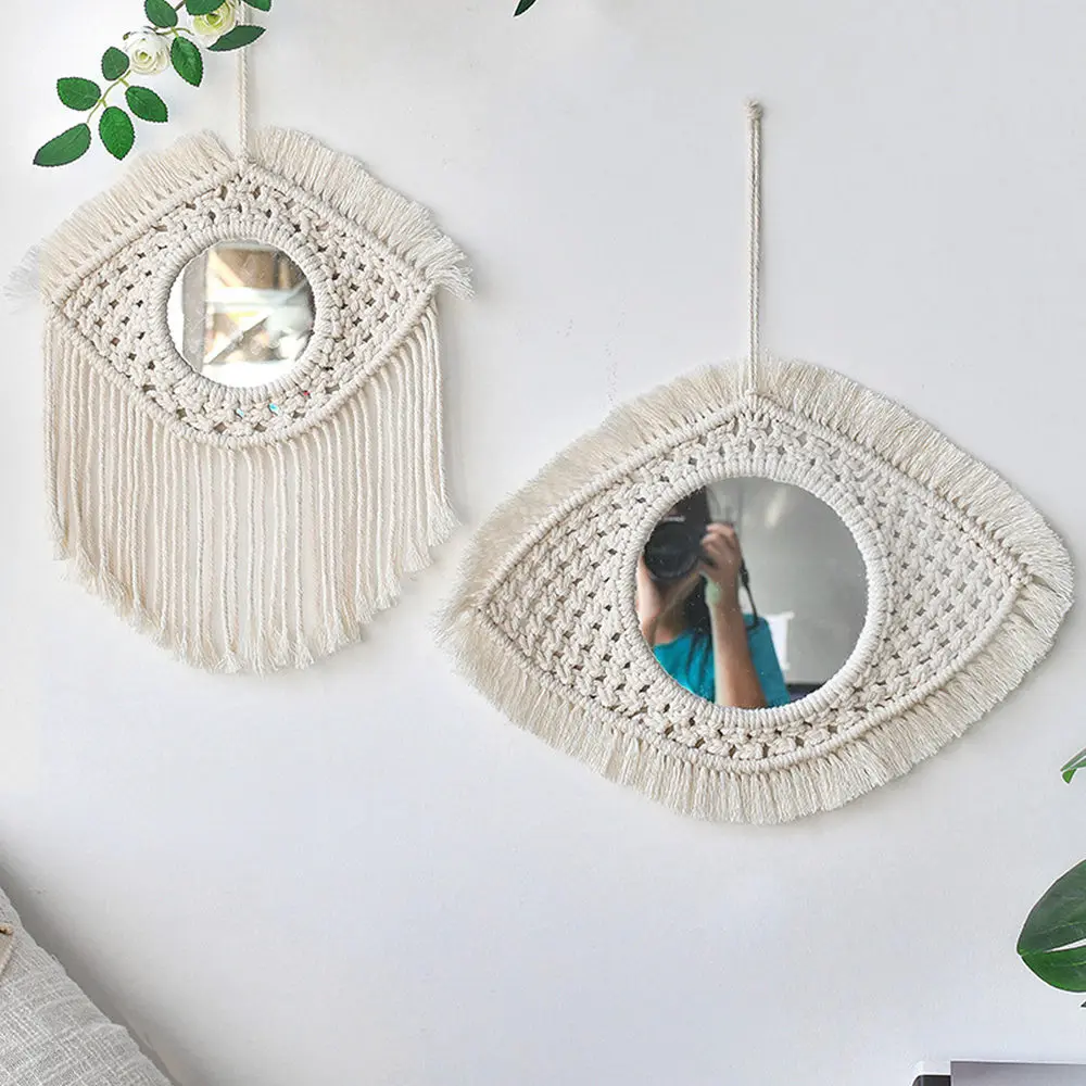 Miroir mural rond en macramé