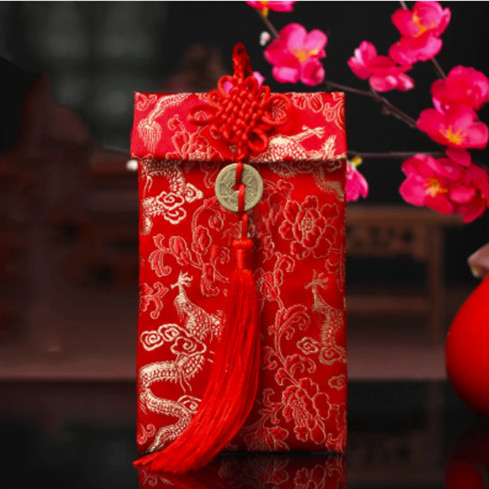 

Exquisite Money Packets Chinese Knot Dragon Phoenix Pattern Wallet Home Decor Silk Cloth Brocade Red Envelopes Kids
