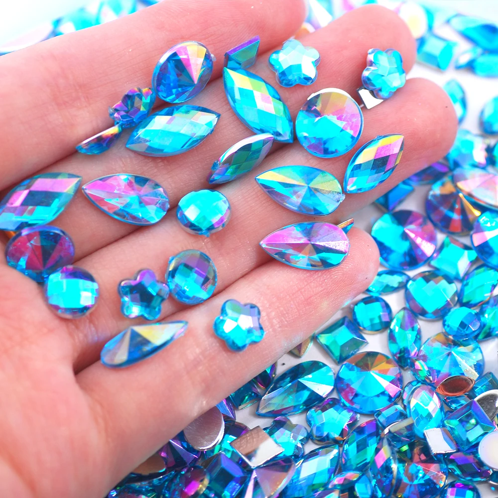 Sky Blue Glitter AB Nail Art Crystal Rhinestones - 300Pcs Mixed Shape Flat Back 3D Decoration Stones
