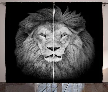 

Safari Curtains Huge Lion Head with Fure Mane Against Dark Background Monochromic Living Room Bedroom Window Drapes Dark Green