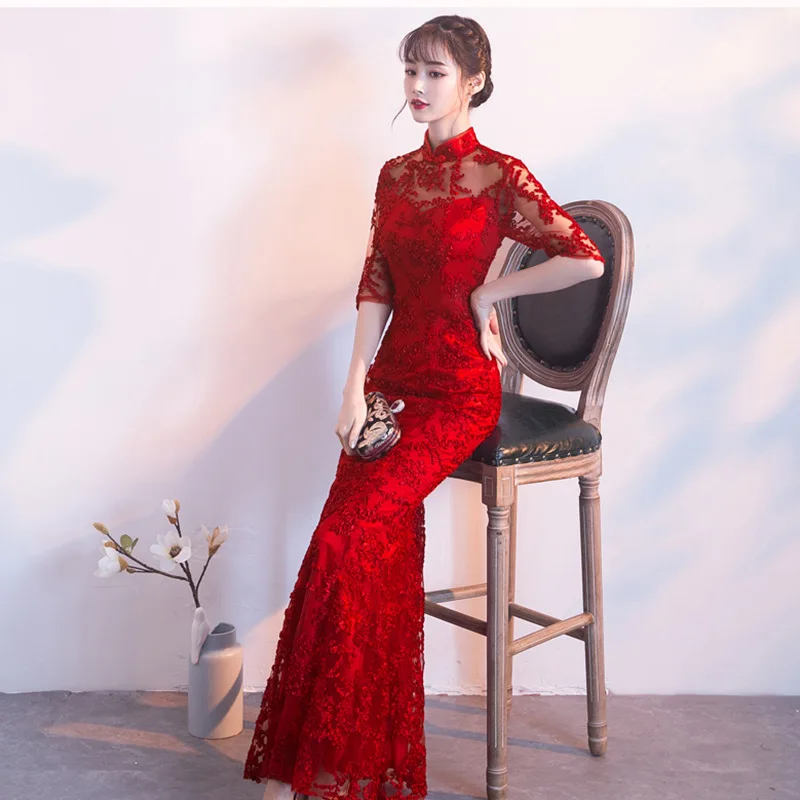 Ретро Кружева Cheongsam элегантное женское платье русалки красное китайское свадебное платье Qipao сексуальное весеннее платье, рукава до локтя