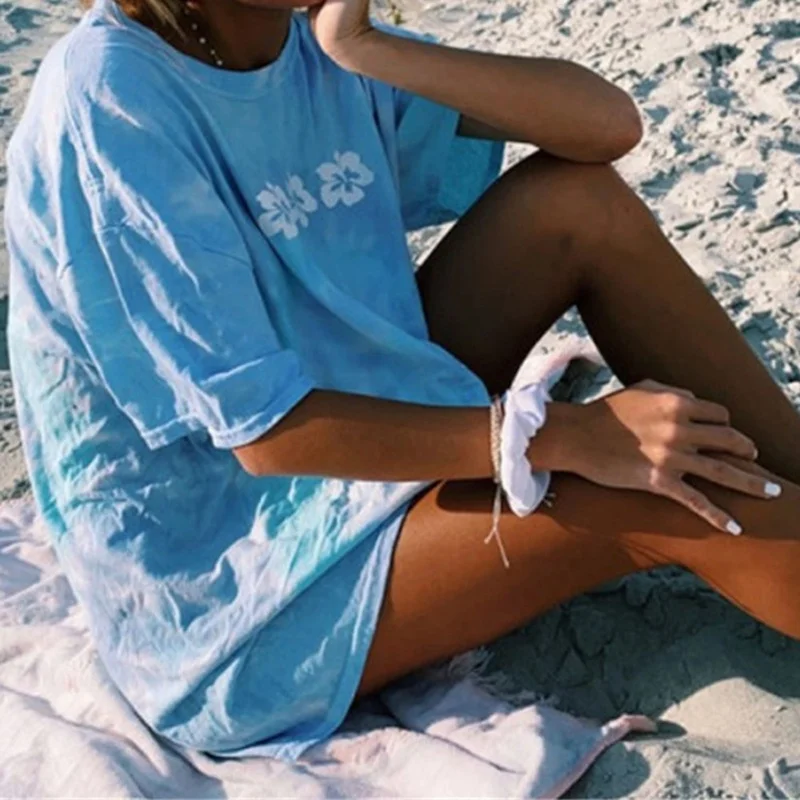 Blue Color Tie Dye Flowers Print Women T shirt O-neck Short Sleeve Loose Tshirts Casual Summer Harajuku Vintage Tops