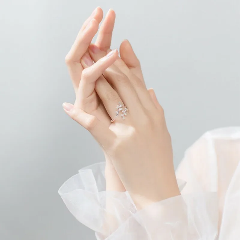 Silver Ring 925 Sterling Silver Korean Zircon Leaf Shape Female Index Finger Retro Fashion Handmade Couple Gift