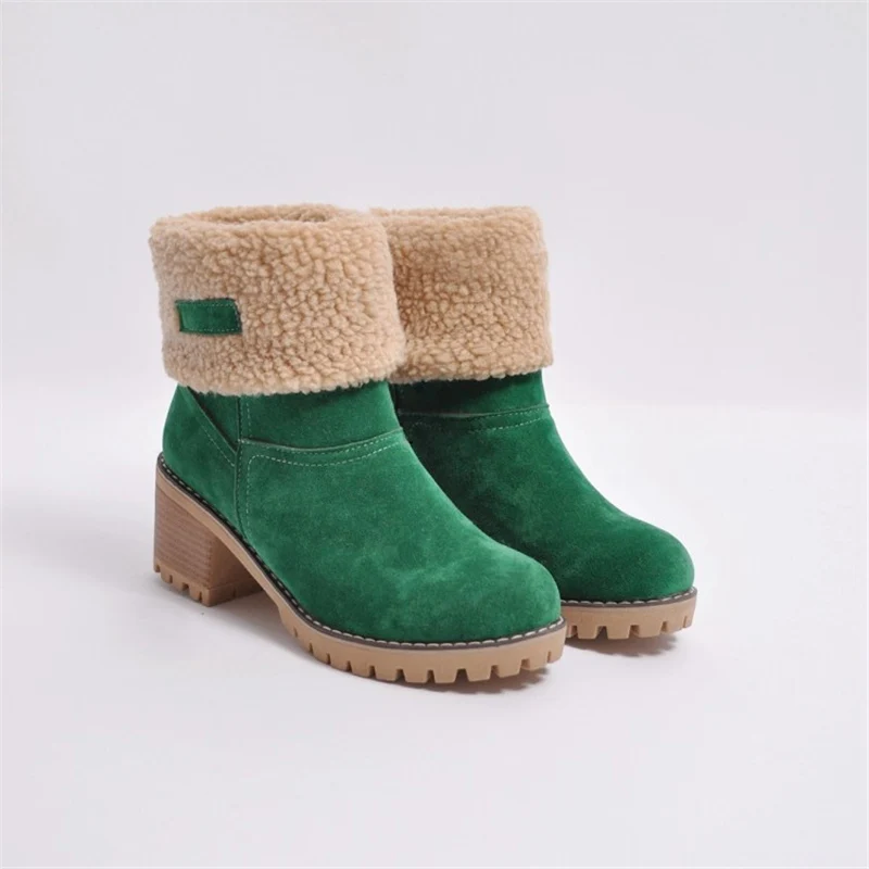 Женские зимние теплые ботинки; ботинки зеленого цвета с мехом на высоком каблуке 5 см; плюшевые ботильоны на низком квадратном каблуке; дешевая обувь на массивном каблуке