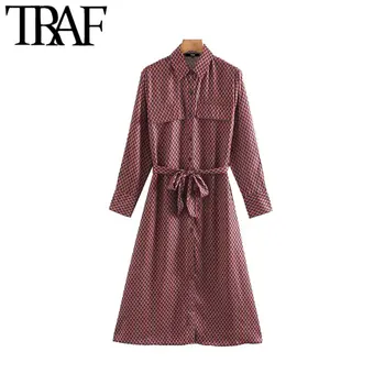 

TRAF Women Vintage Elegant Office Wear Bow Tie Sashes Print Midi Shirt Dress Fashion Long Sleeve Side Slit Female Dresses